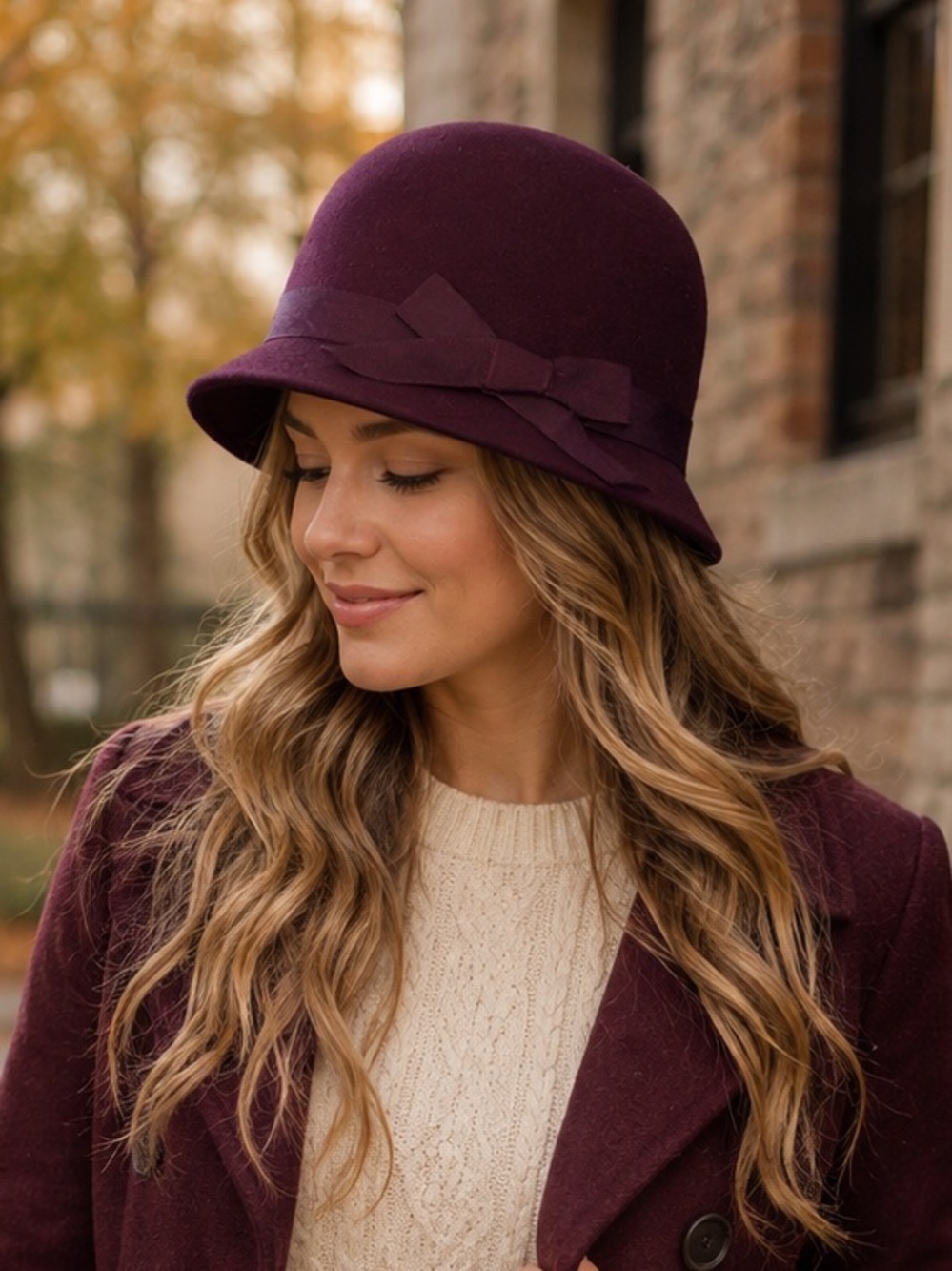 LiteFelt Bailey Burgundy Wine Wool Cloche Fedora Hat Bow Made in USA Large Fall